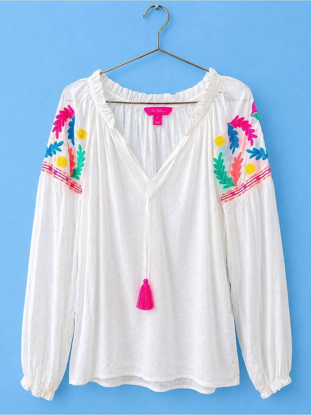 Lilly Pulitzer White Embroidered Peasant Blouse with Pink Tassel